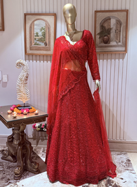 Bridal Lehenga Choli with Heavy Sequin, Resham & Cutdana Embroidery with Scalloped