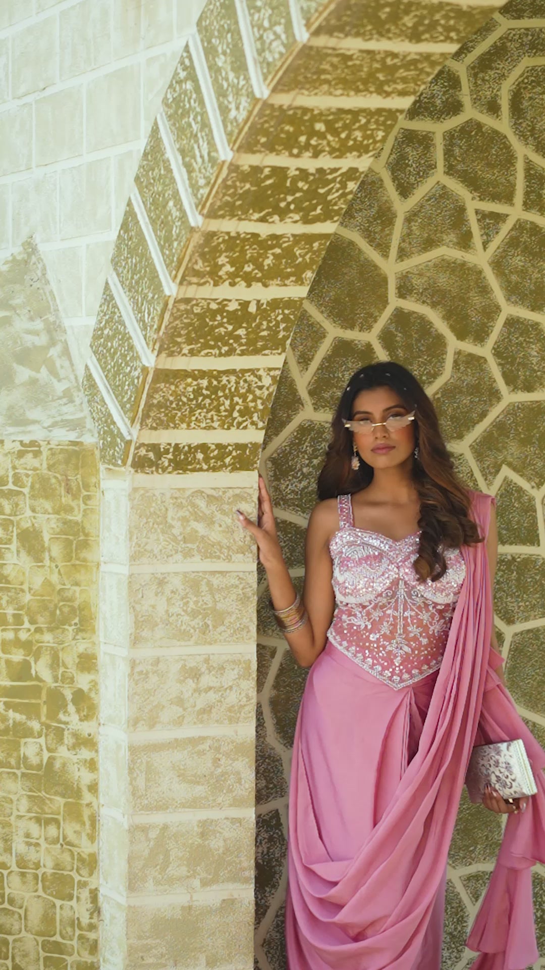 Corset Style Pre-Draped Saree with Floral Pearl Embellshed Bustier and Straps