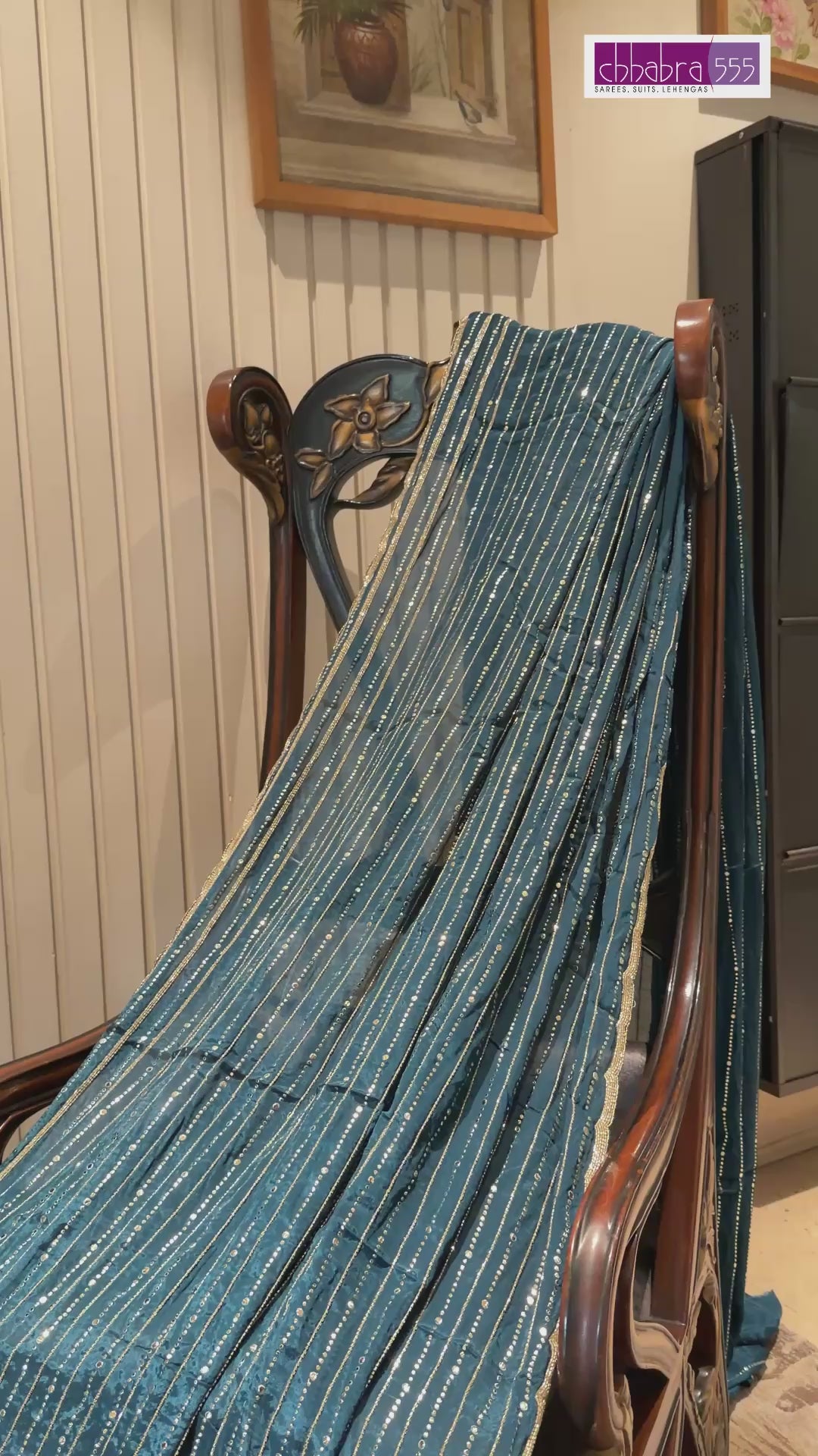 Teal Blue Saree with All-Over Vertical Sequin Stripe Work and Subtle Scallop Border