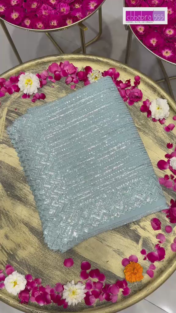 Chhabra 555 Ice Blue Sequin Embroidered Partywear Saree with Designer Border