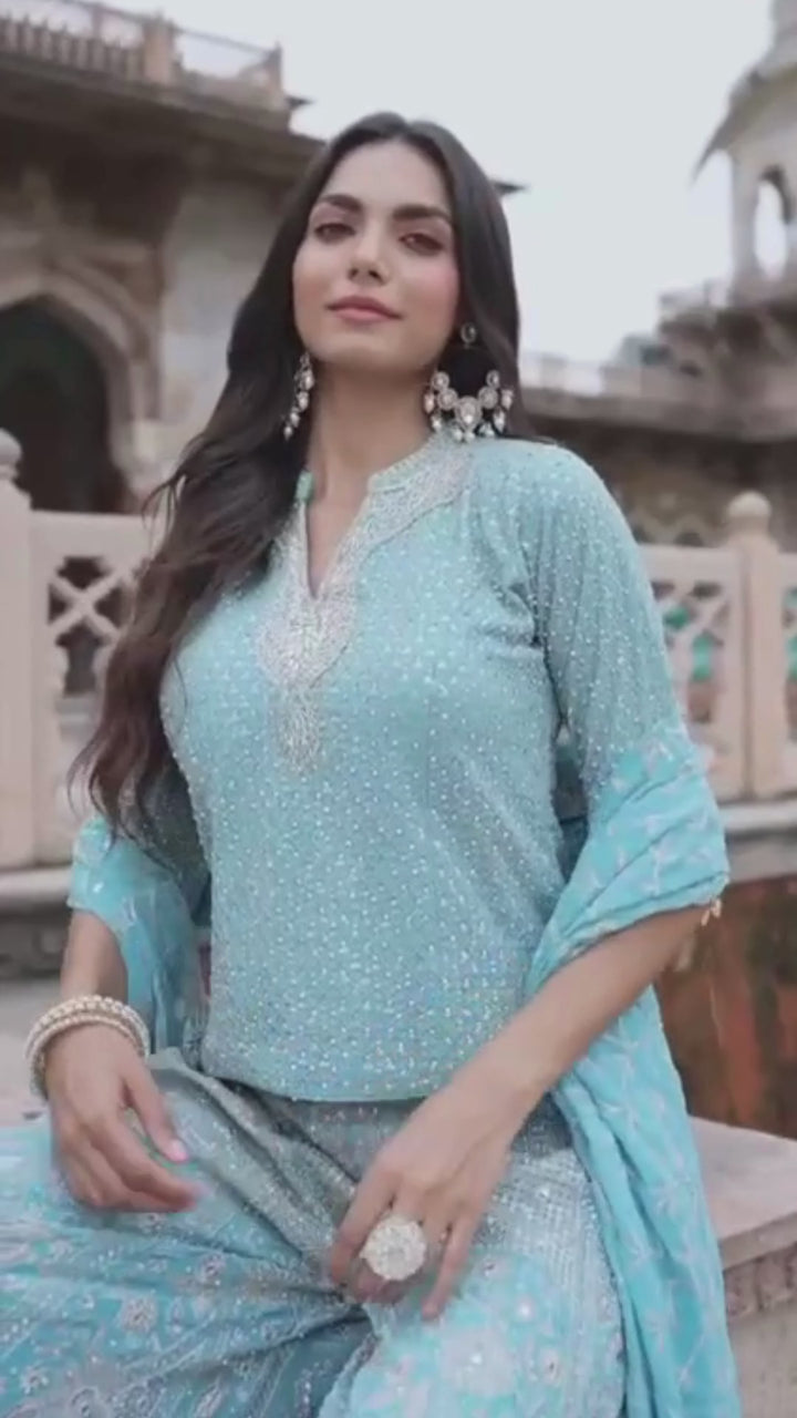 Embroidered Sharara Suit Set with Mirror Work and Dupatta