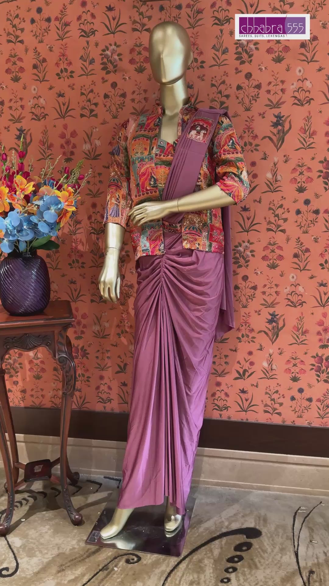 Mauve Draped Saree with Multicolour Folk Print Jacket Blouse and Sequin Highlights