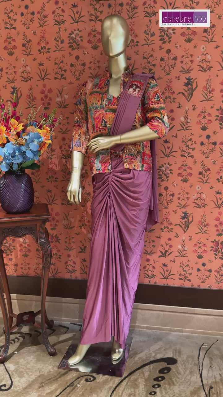 Mauve Draped Saree with Multicolour Folk Print Jacket Blouse and Sequin Highlights