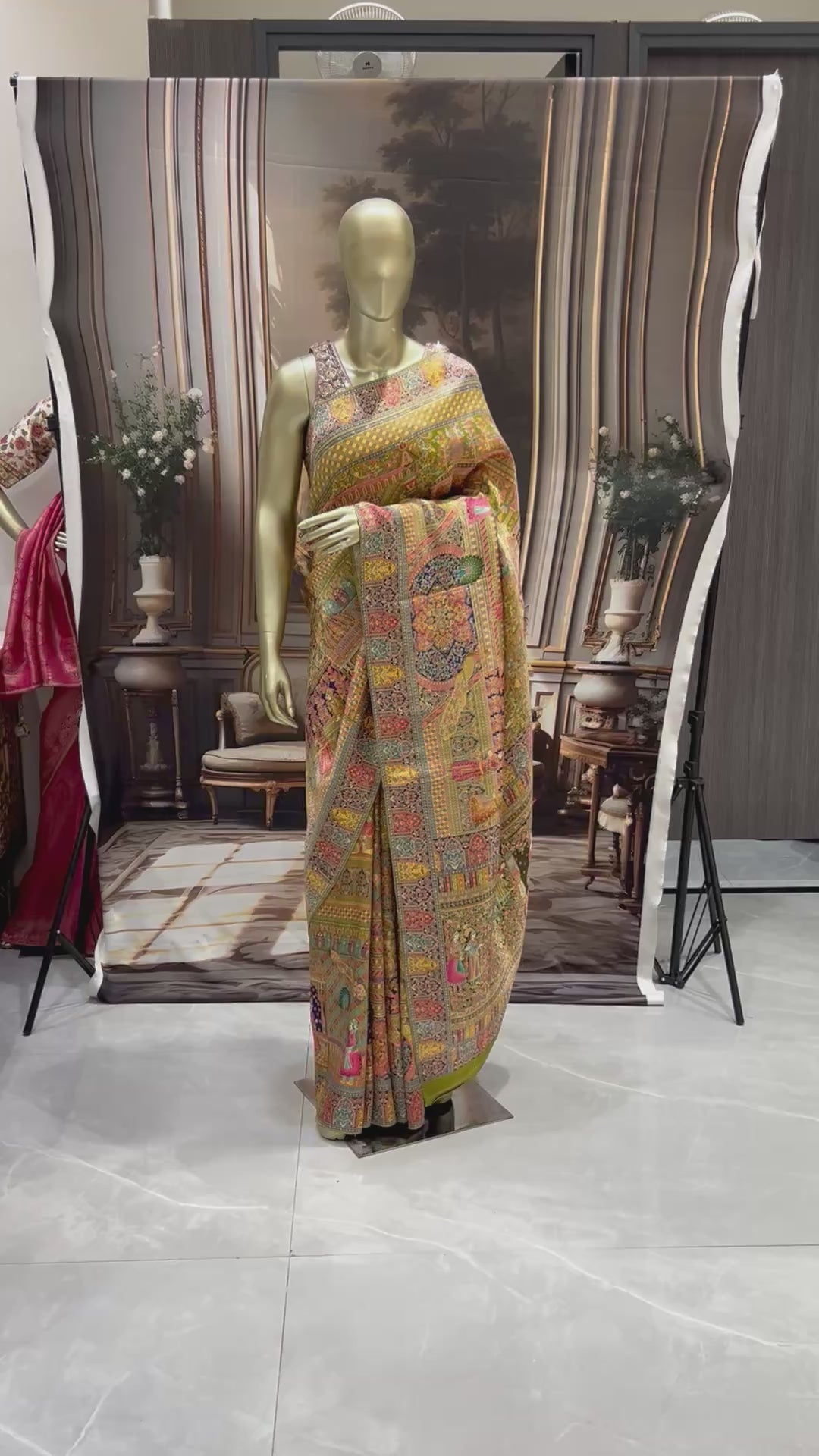 Olive Green Banarasi Meenakari Silk Saree with Shikargah Figures & Contrast Border
