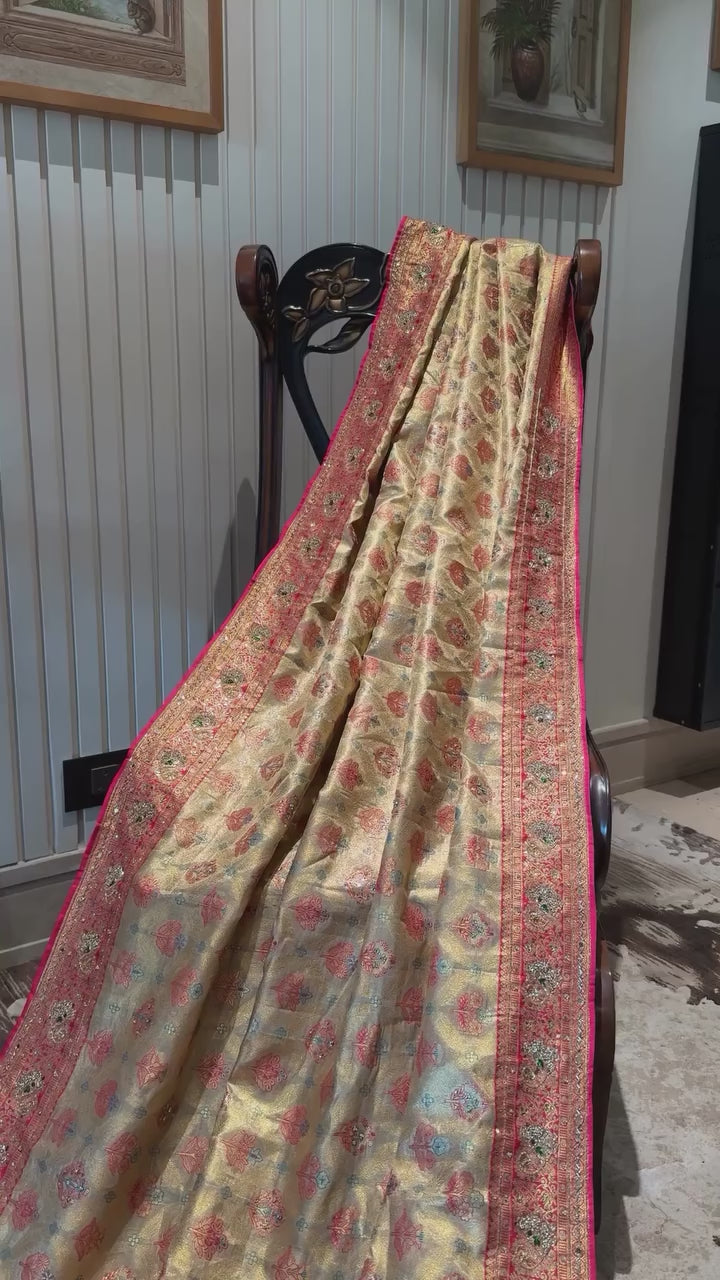 Golden Zari Banarasi Saree with Multi-Colored Butta & Heavy Embroidered Border