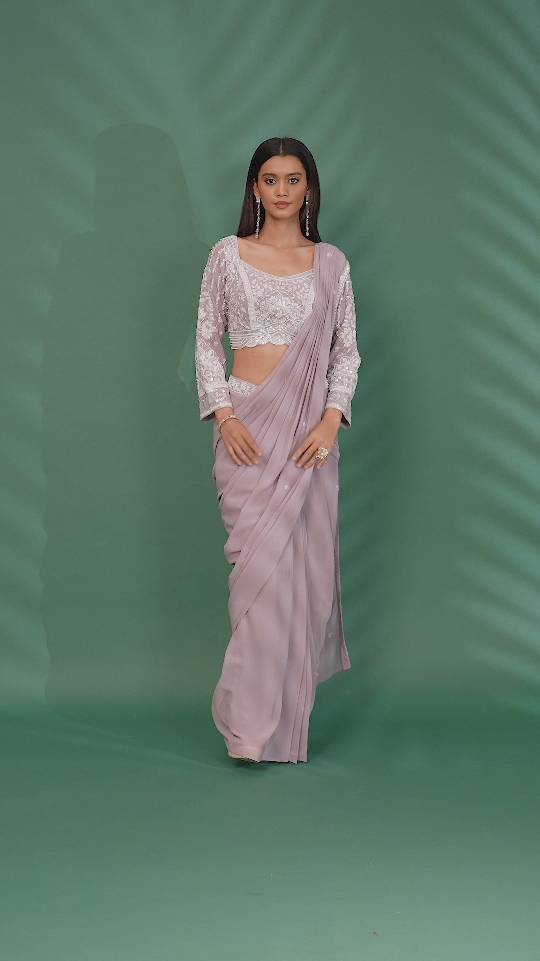 Pre-Stitched Saree with Intricate White Thread & Sequin Embroidery