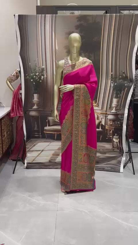 Banarasi Silk Saree with Meenakari Peacock & Floral Paneled Border