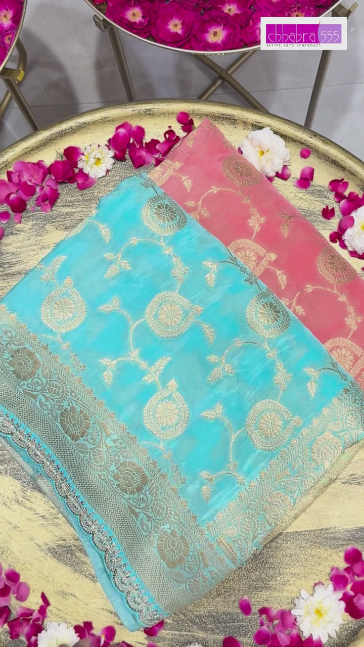 Banarasi Silk Zari Woven Paisley Ombre Saree with Sequin Scalloped Border in Mint & Teal