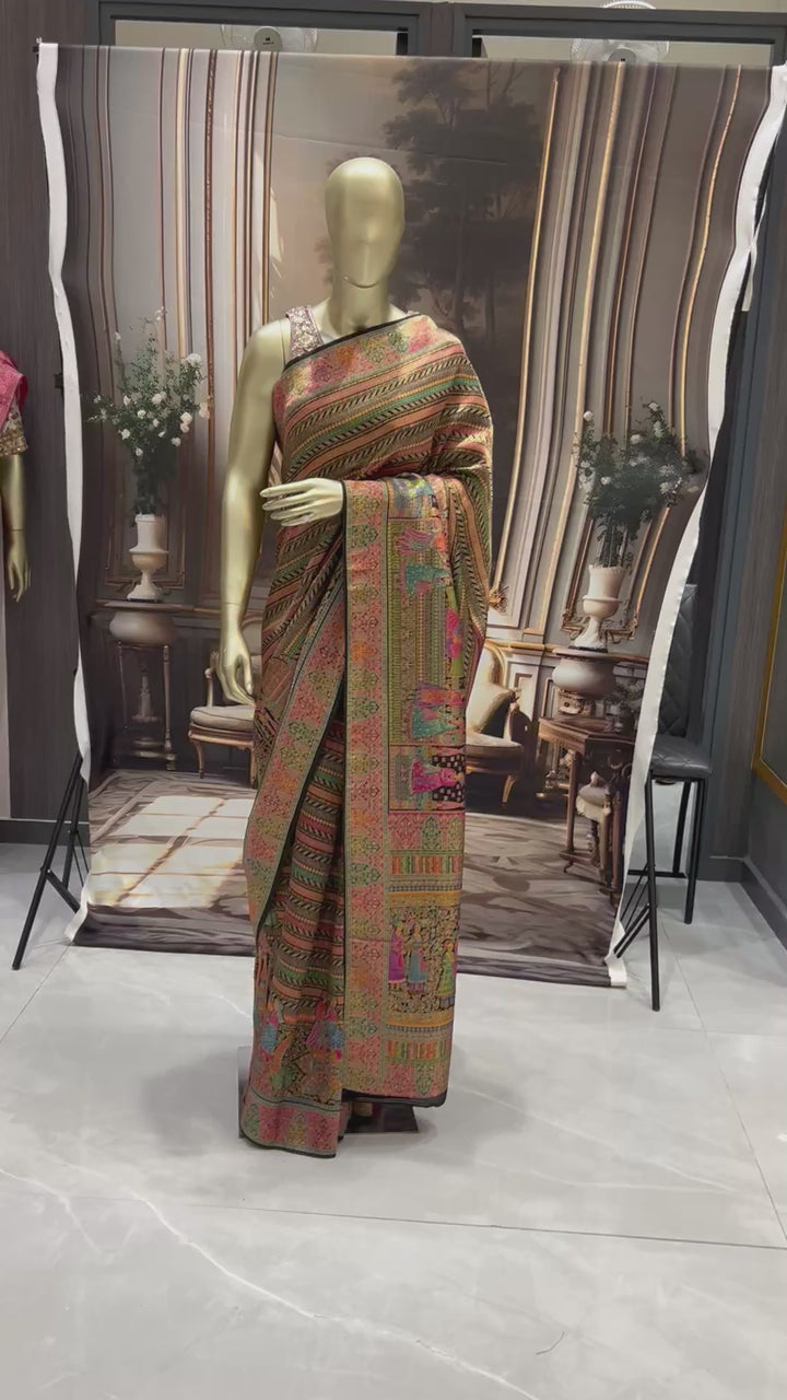 Black Banarasi Silk Saree with Multicolour Royal Procession Pallu & Temple Border
