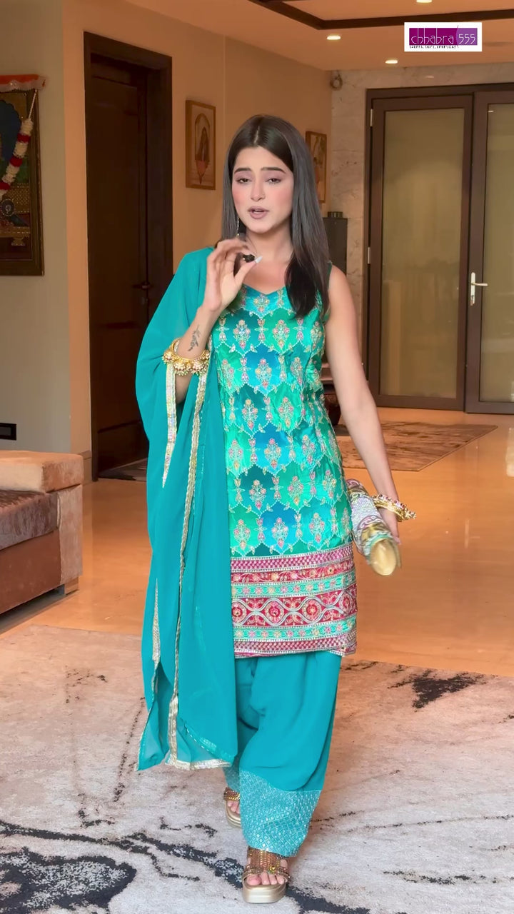 Crepe Heavy Sequin & Zari Embroidered Sleeveless Kurti with Georgette Salwar and Dupatta in Turquoise