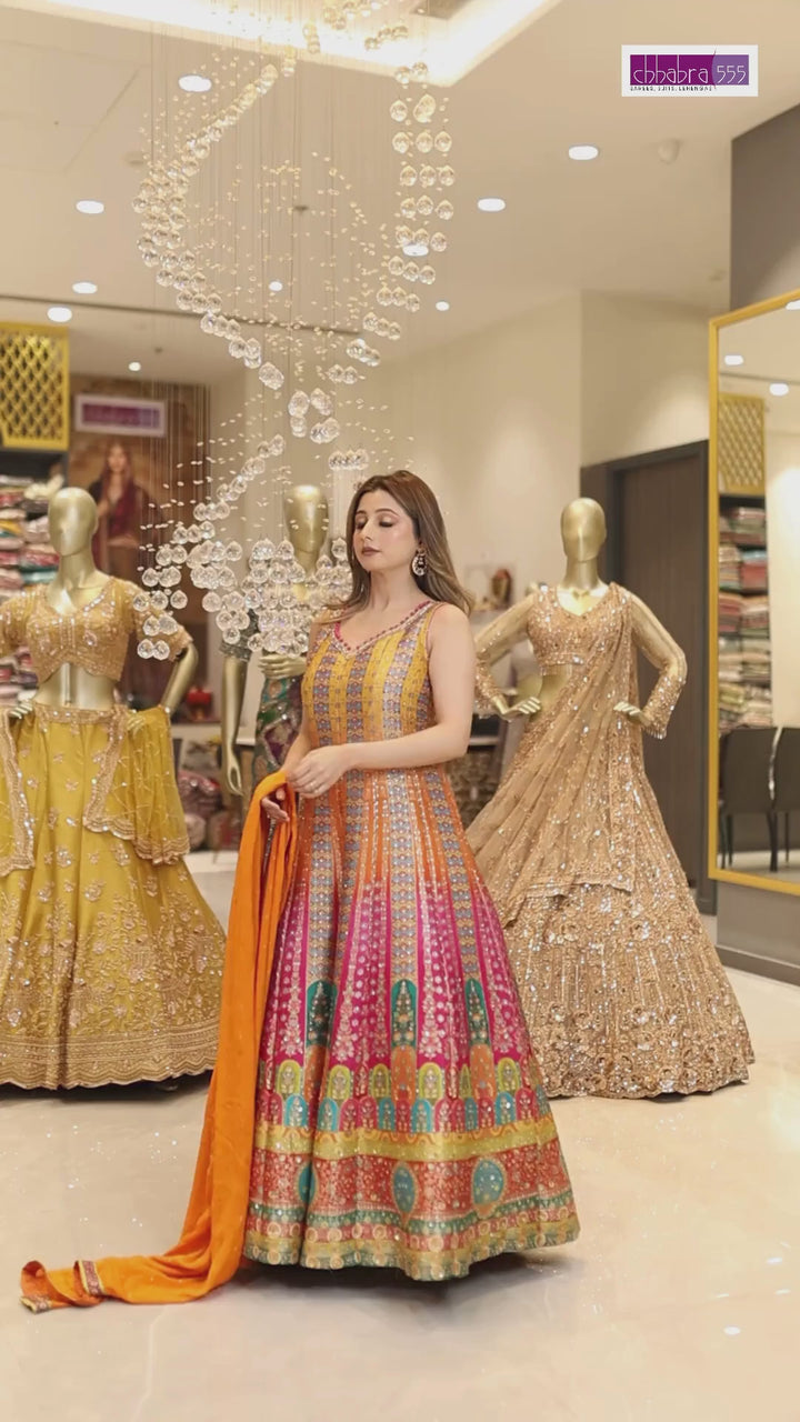 Banarasi Silk Meenakari Zari Woven Ombre Anarkali Gown with Dupatta in Multicolor & Orange