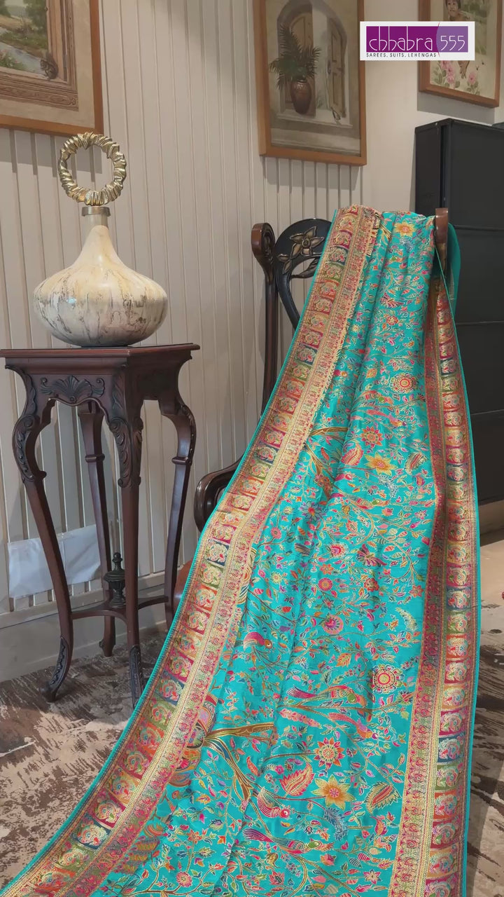 Turquoise Blue Saree with All-Over Ethnic Bird & Floral Digital Print and Contrast Border