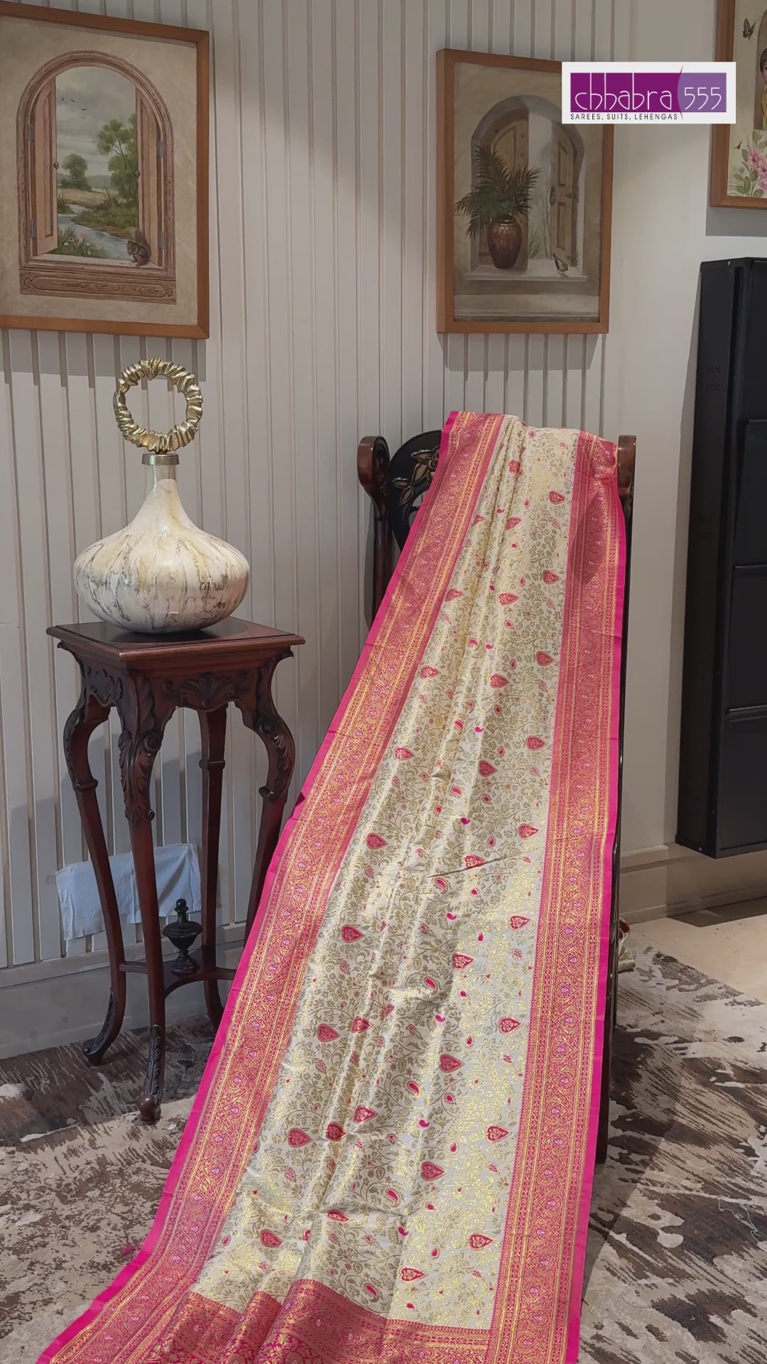 Banarasi Art Silk Saree with Gold-Pink Floral Jaal & Brocade Contrast Border
