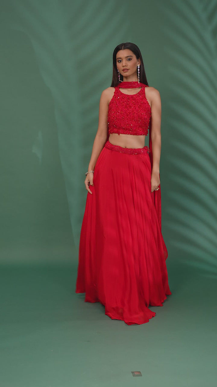 Georgette Sequin & Bead Embroidery Crop Top Lehenga with Dupatta