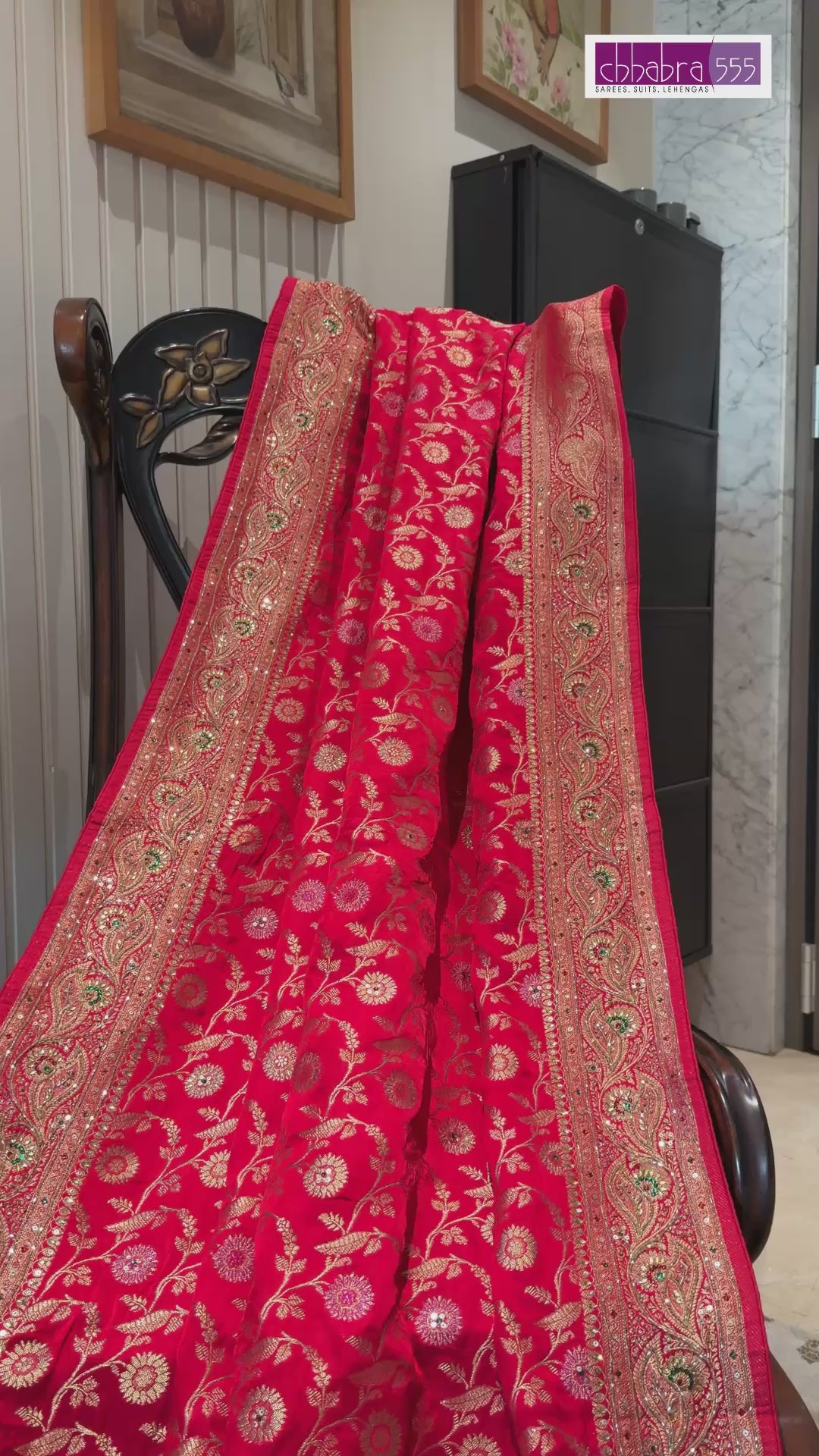 Rani Red Heavy Zari Floral Saree with Embellished Paisley Border & Grand Pallu