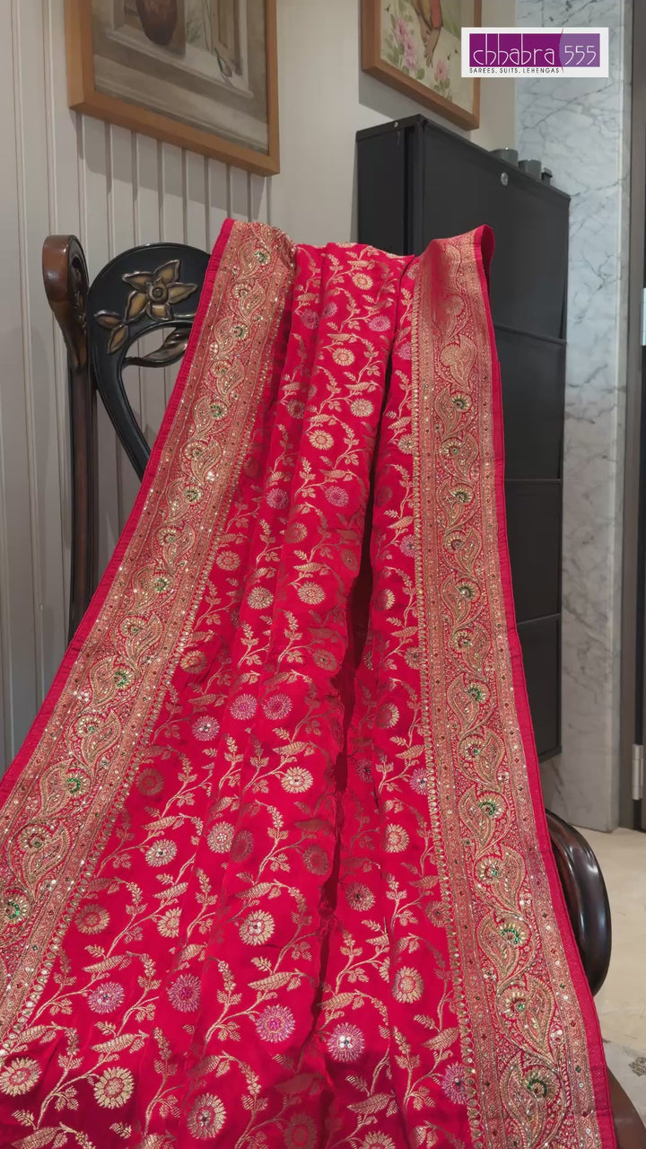 Rani Red Heavy Zari Floral Saree with Embellished Paisley Border & Grand Pallu