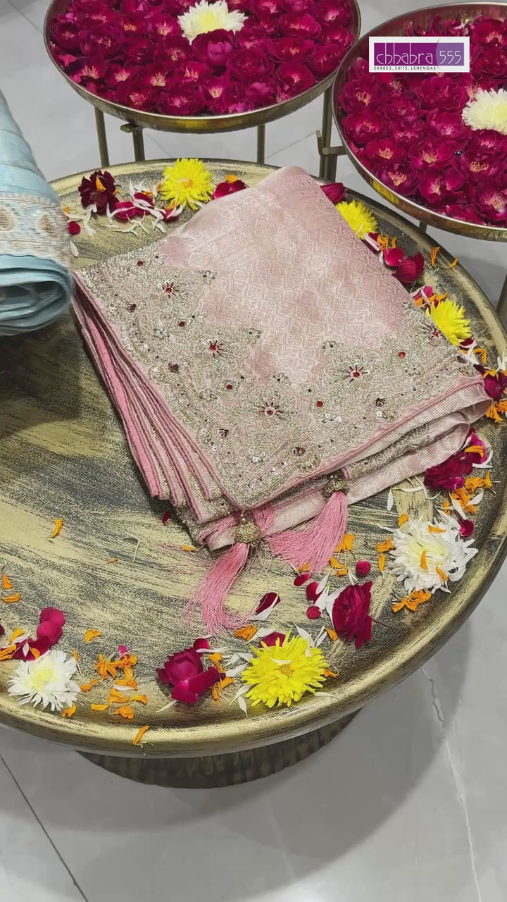 Tissue Silk Woven Floral Booti Saree with Heavy Zari & Sequin Embroidered