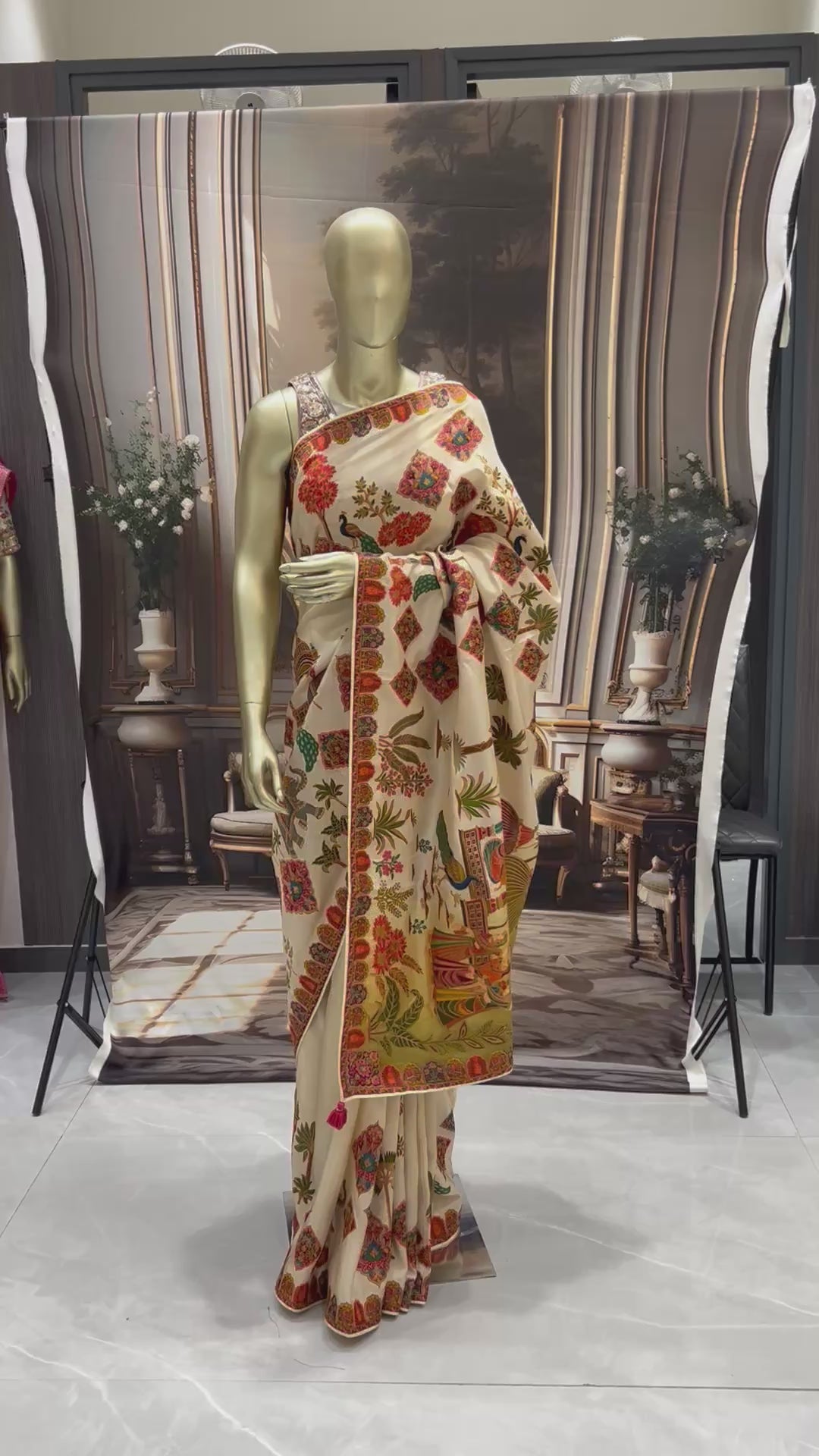 Ivory Banarasi Silk Saree with Multicolour Village Scene Pallu & Floral Temple Border