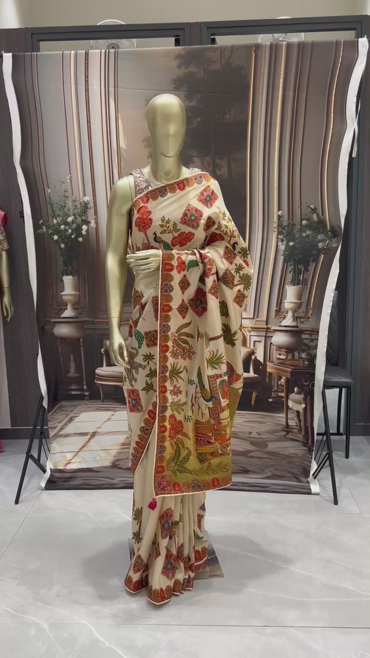 Ivory Banarasi Silk Saree with Multicolour Village Scene Pallu & Floral Temple Border