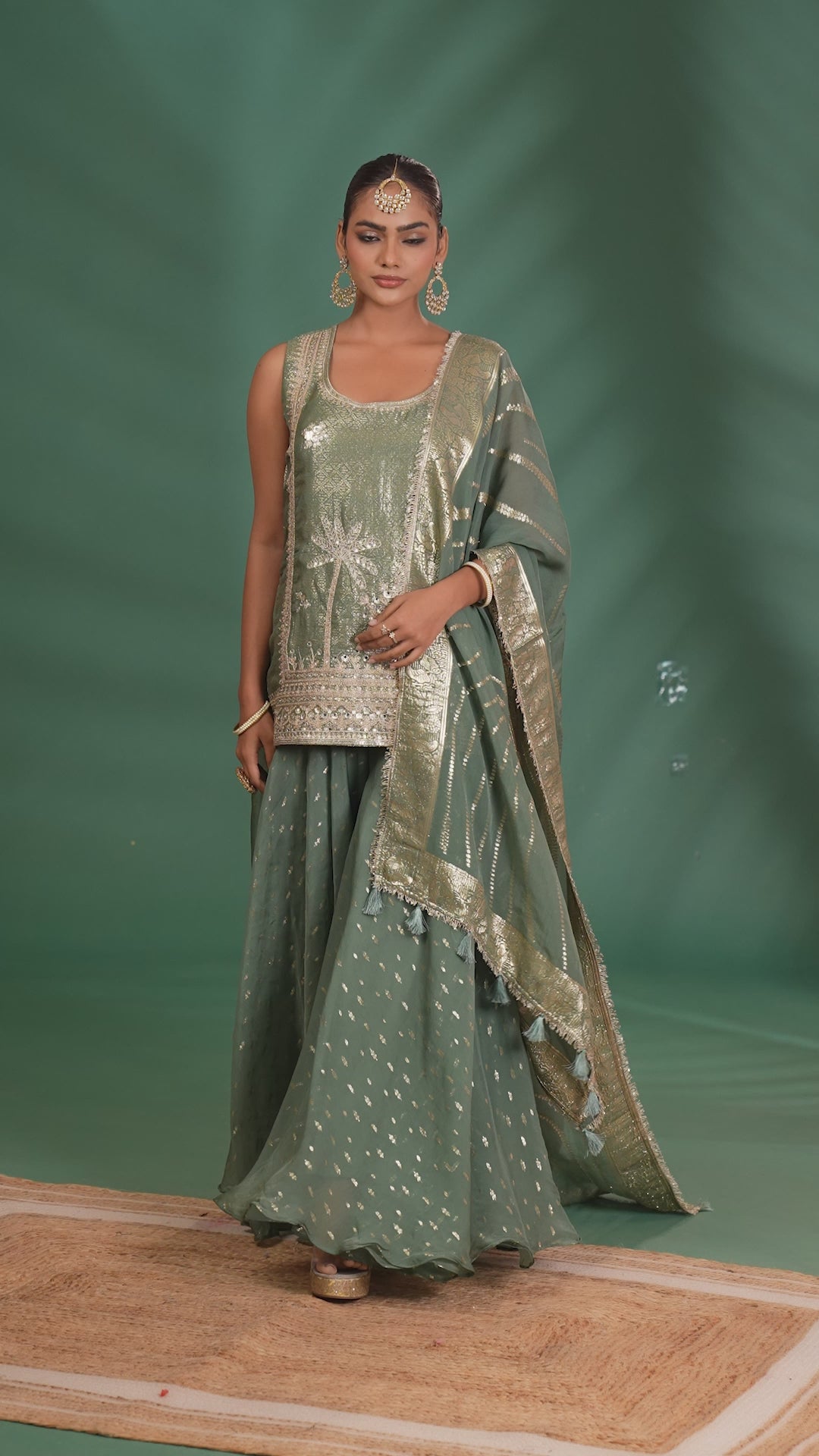 Zari & Mirror Embroidered Sleeveless Kurta & Flared Pallazo Set with Leheriya Dupatta in Sage Green