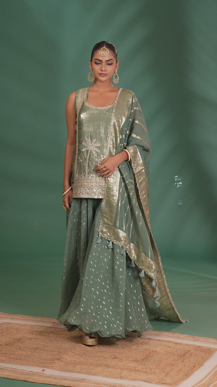 Zari & Mirror Embroidered Sleeveless Kurta & Flared Pallazo Set with Leheriya Dupatta in Sage Green