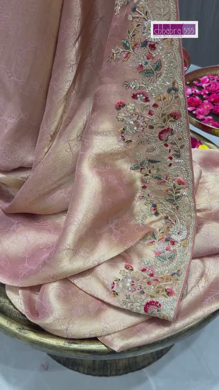 Elegant Dusty Rose Pink Banarasi Silk Saree with Intricate Floral Hand Embroidery & Zari Woven Motifs