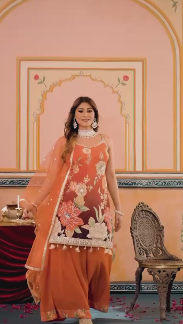 Floral Embroidered Kurta Palazzo Set with Sequin Net Dupatta