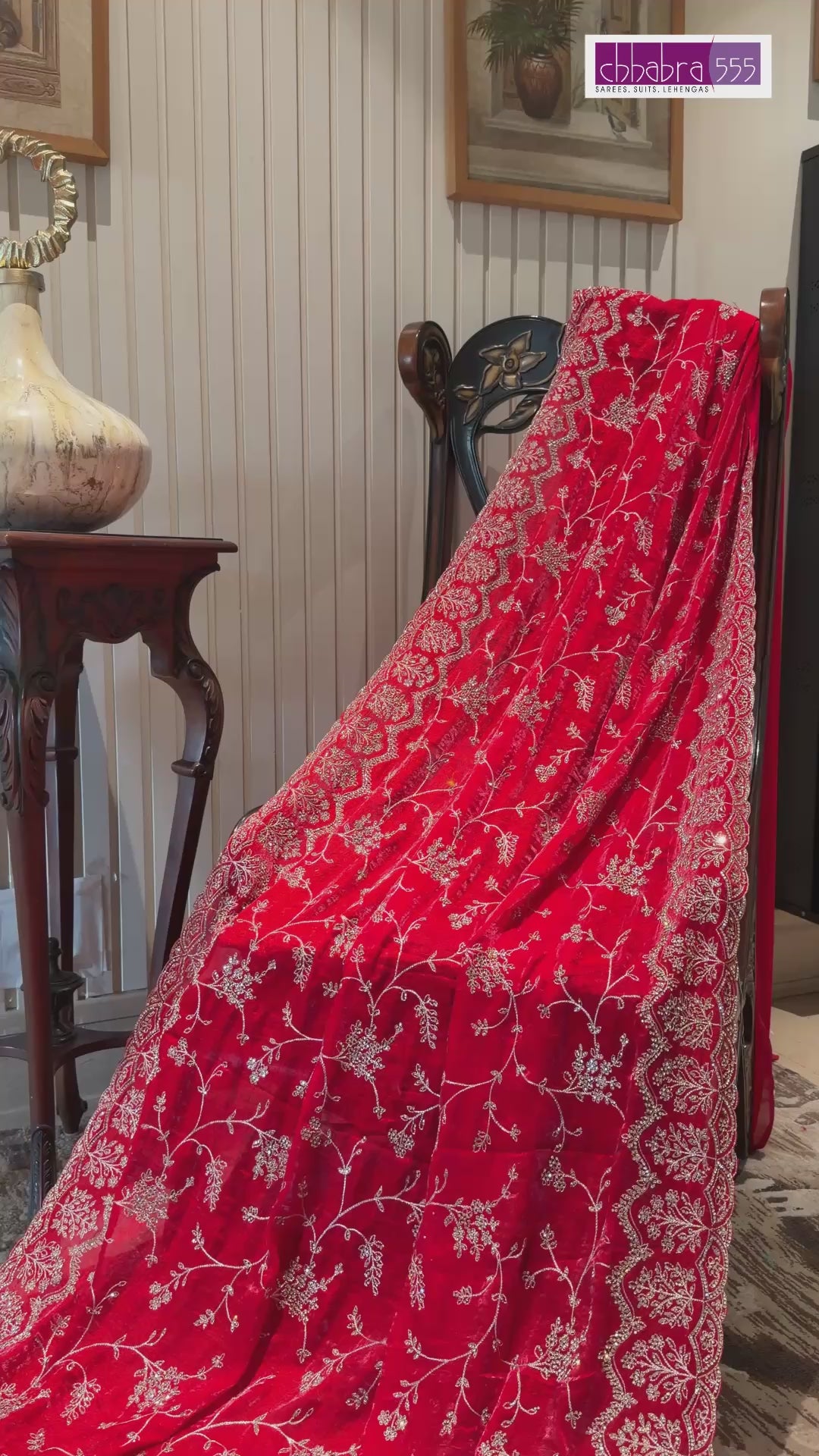 Red Saree with Heavy Silver Zari Floral Embroidery and Scalloped Border