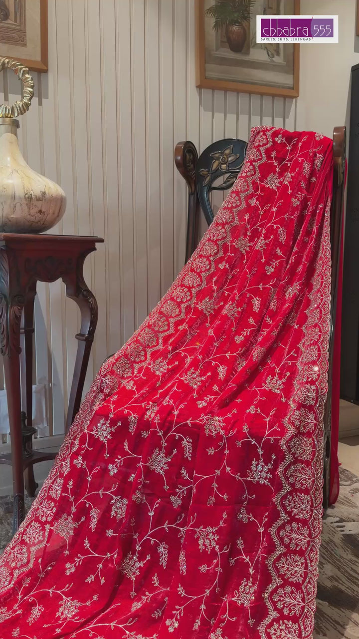 Red Saree with Heavy Silver Zari Floral Embroidery and Scalloped Border