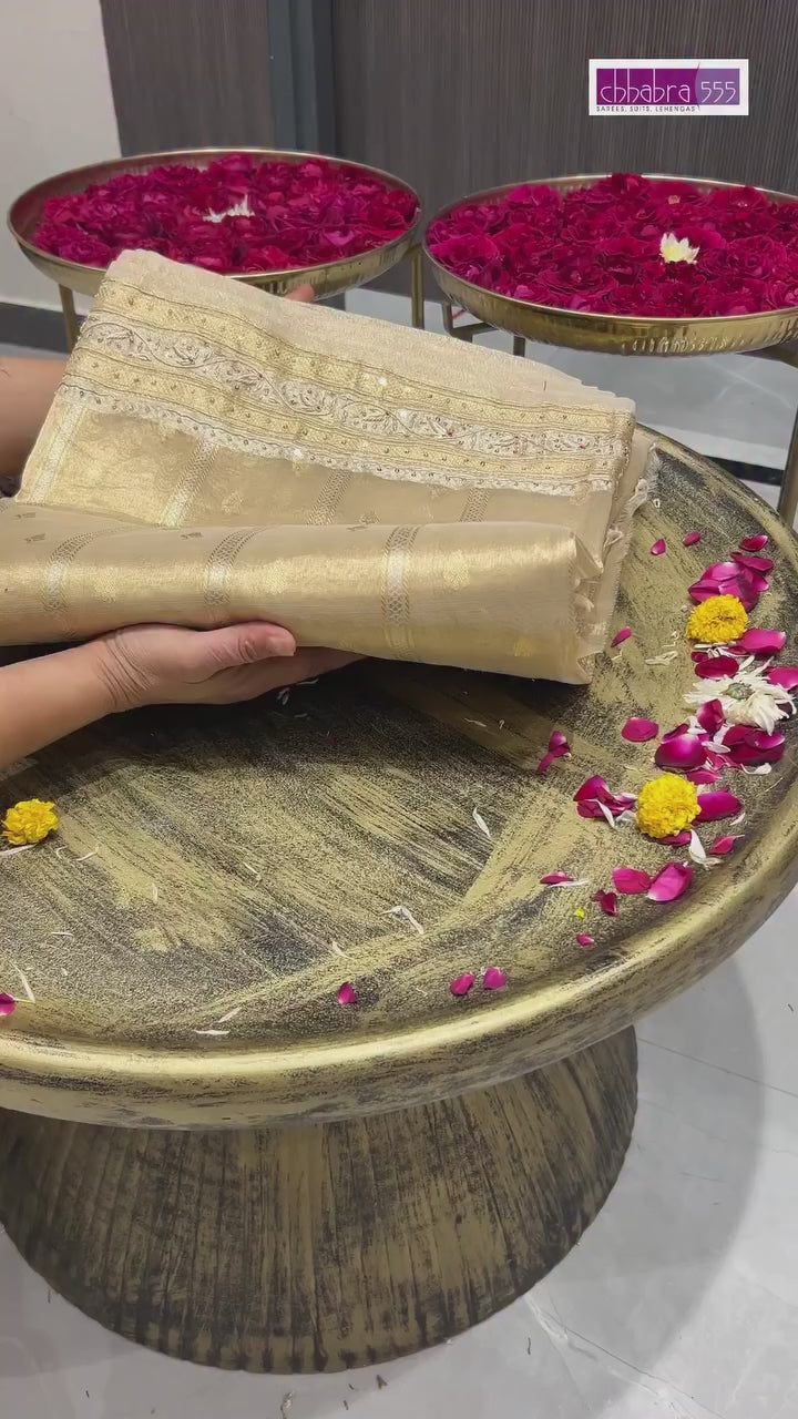 Beige color Beads & Stones Worked Border with Ethnic Motifs Zari woven traditional saree