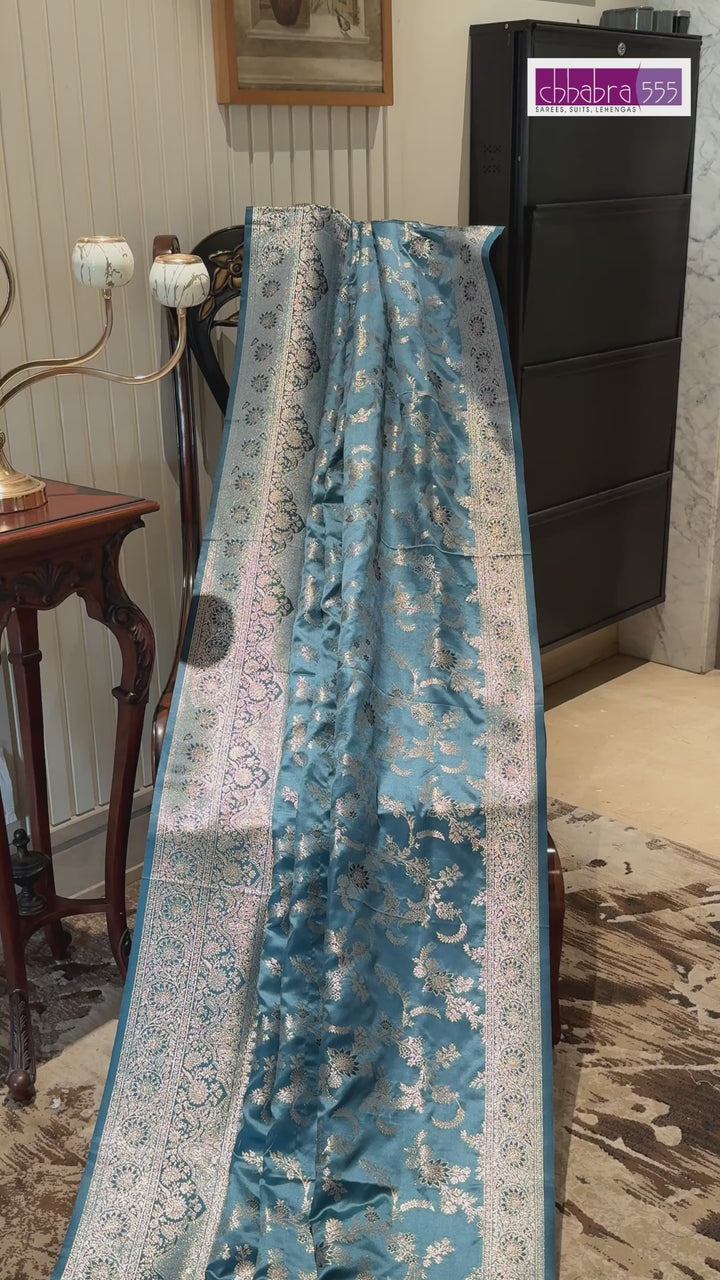 Banarasi Art Silk Saree with Silver Geometric Jaal & Rich Brocade Border