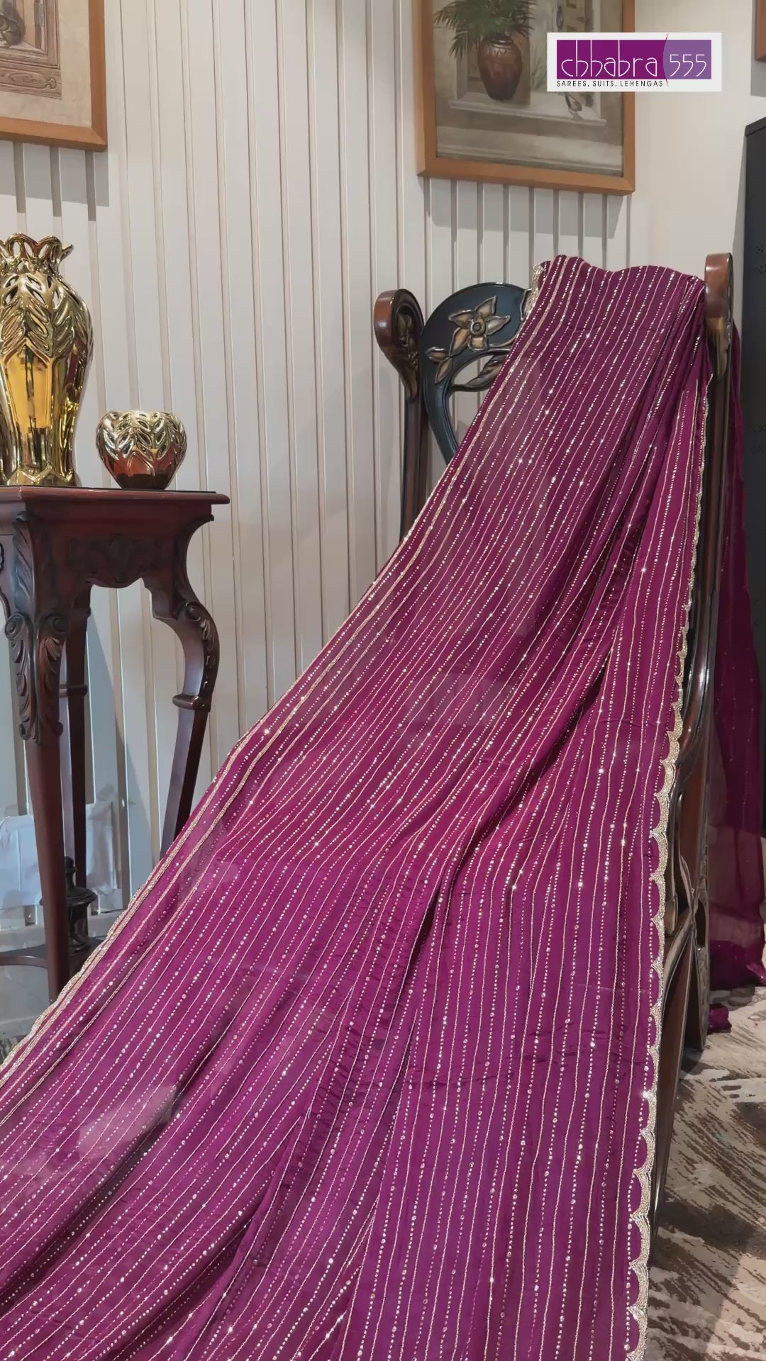 Magenta Chiffon Vertical Stripe Sequin Embellished Saree with Scalloped Sequin Border.