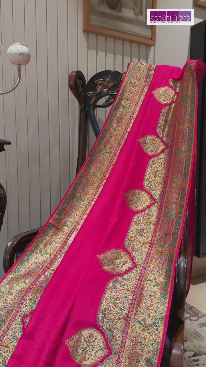 Rani Pink Kashmiri Woven Saree with Temple Buta Border and Rich Story Pallu
