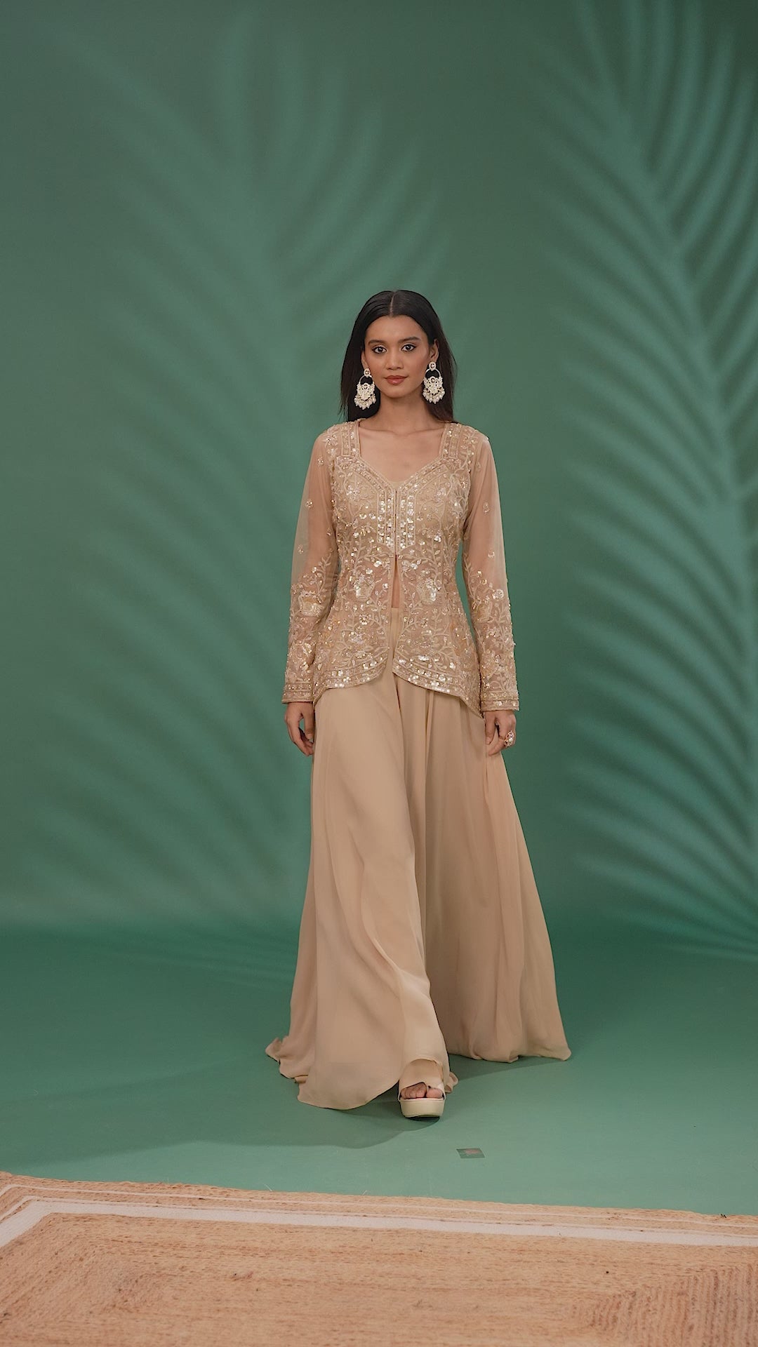 Embroidered Net Peplum Top with Sequins & Thread Work Flared Palazzo