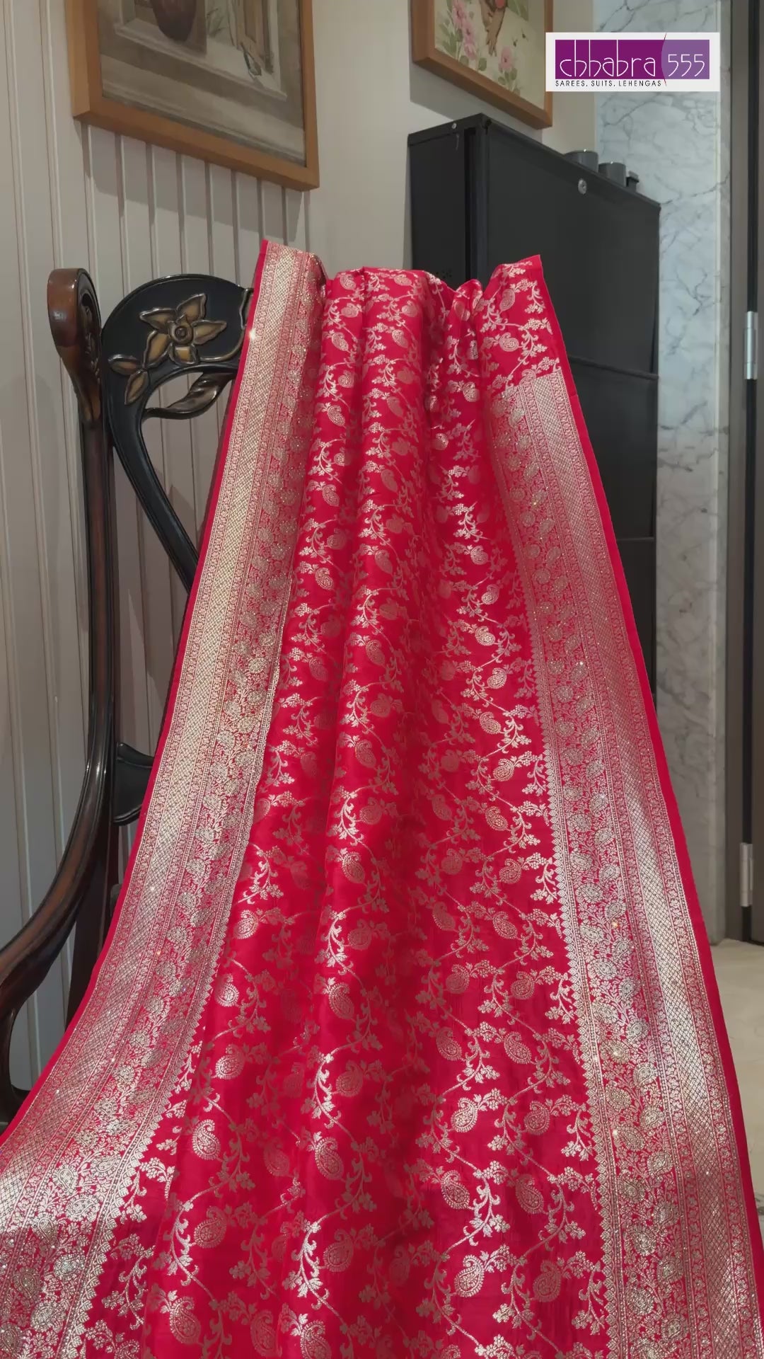 Red Floral Jaal Zari Woven Banarasi Art Silk Saree with Broad Golden Borders.