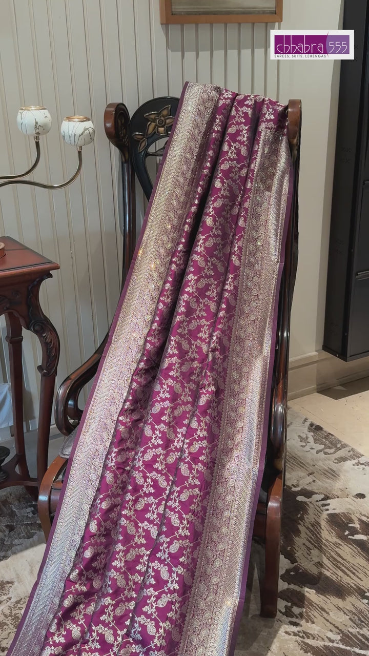 Banarasi Art Silk Saree with Antique Gold Floral Jali & Wide Brocade Border