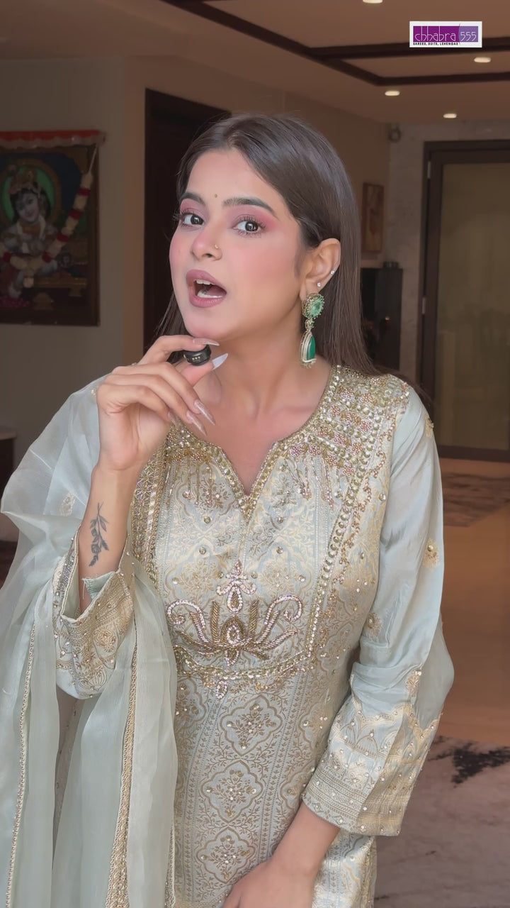 Banarasi Silk Zari Jaal Woven & Embroidered Kurta Sharara Set with Dupatta in Powder Blue