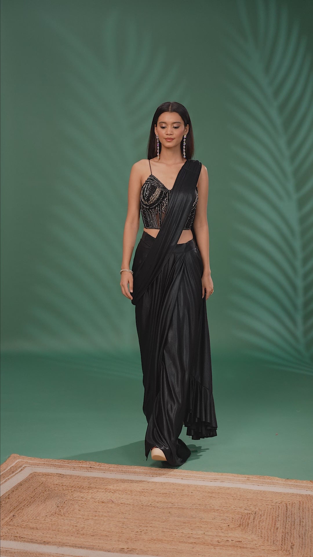 Indo-Western Pre-Draped Saree with Sequined Corset Blouse & Ruffle Pallu