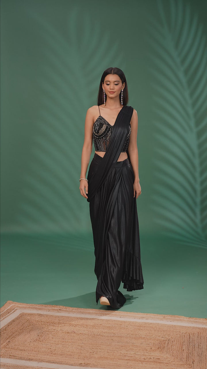 Indo-Western Pre-Draped Saree with Sequined Corset Blouse & Ruffle Pallu