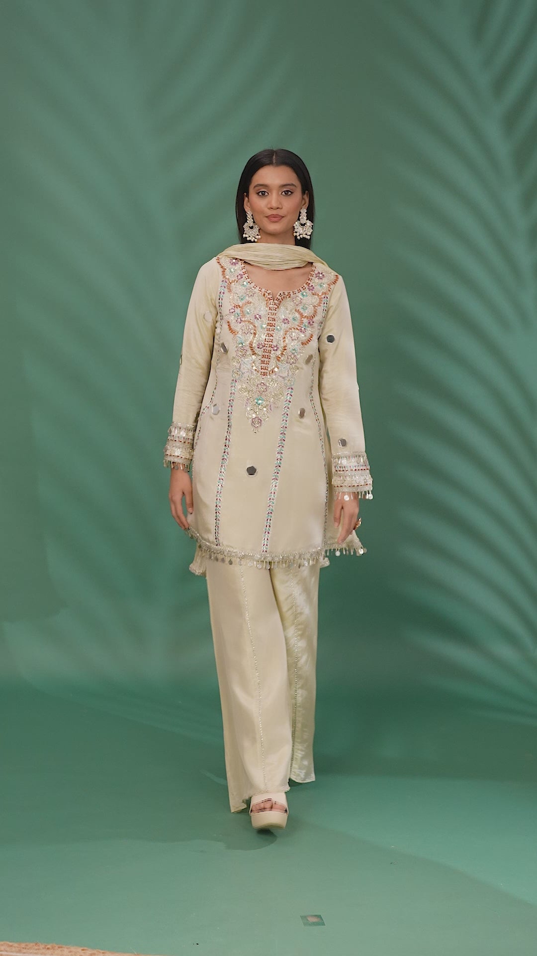 Ivory Mirror & Thread Work Embroidered Silk Kurta Set with Palazzo & Dupatta