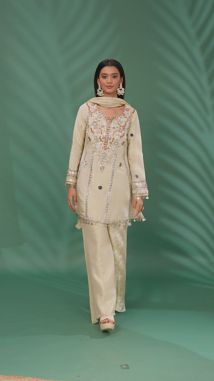 Ivory Mirror & Thread Work Embroidered Silk Kurta Set with Palazzo & Dupatta