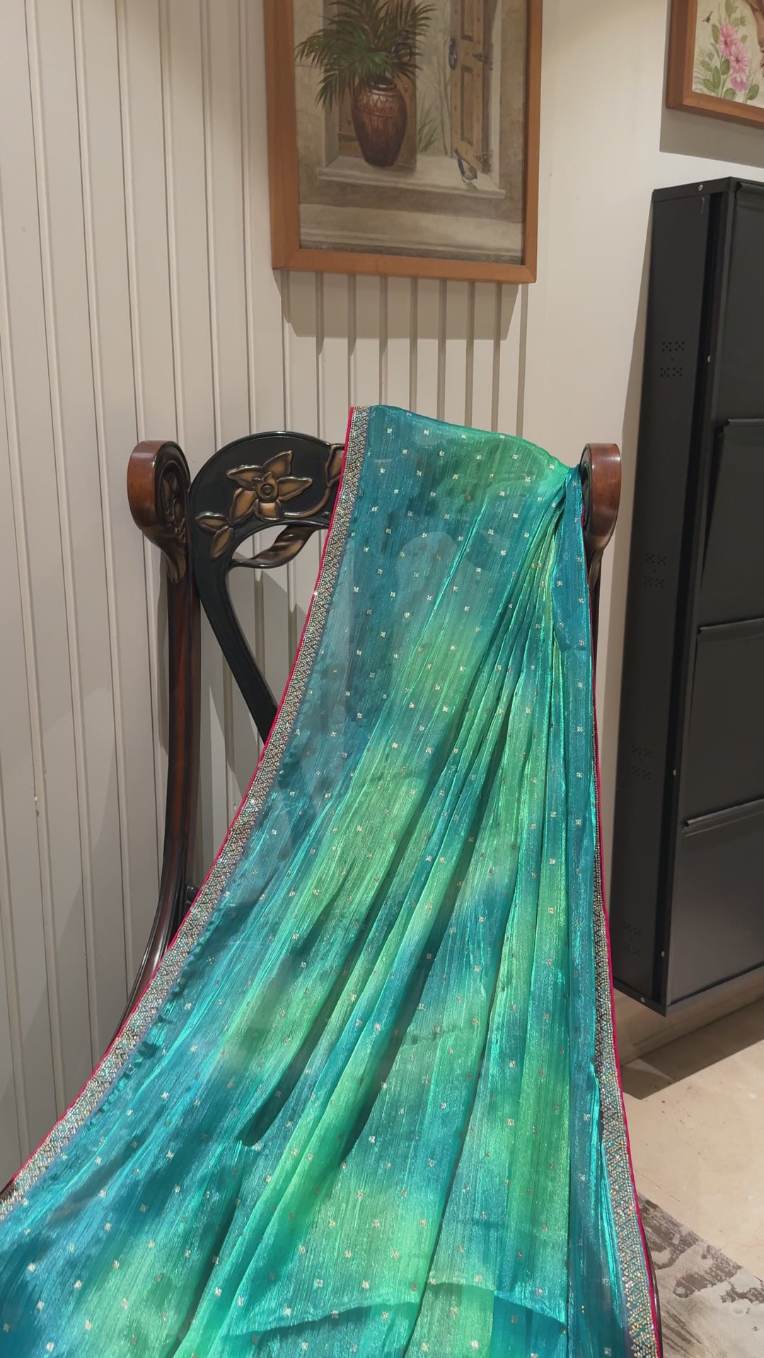 Ombre Shimmer Saree with Silver Sequin Buttas & Dual-Tone Woven Border