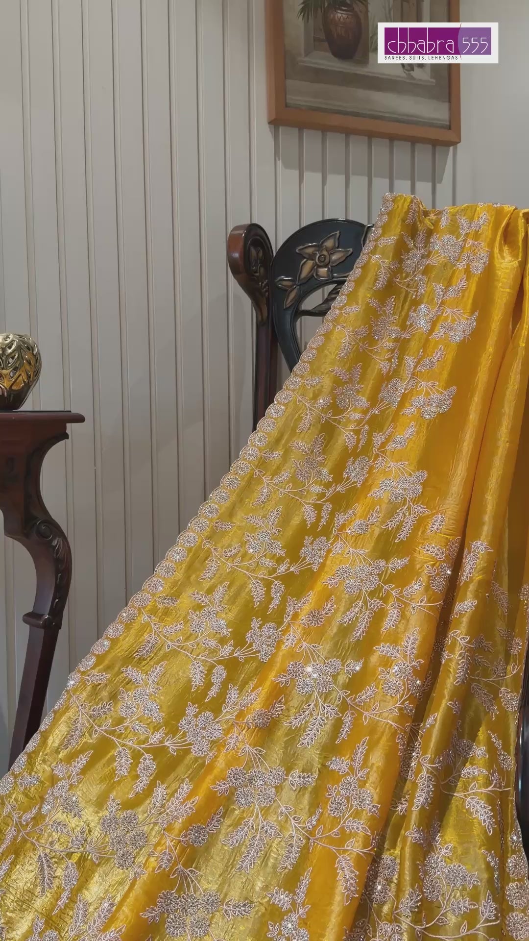 Yellow Floral Embroidered Silk Blend Saree with Ivory Threadwork Border