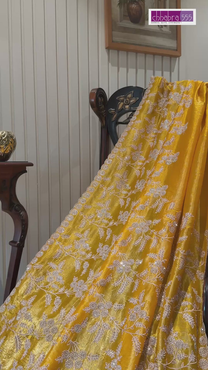 Yellow Floral Embroidered Silk Blend Saree with Ivory Threadwork Border