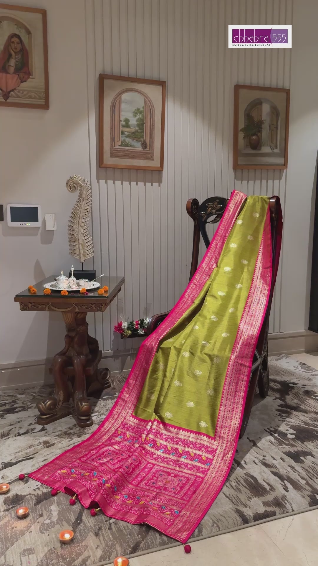 Banarasi Silk Saree with Zari Weaving & Contrast Pink Pallu Border