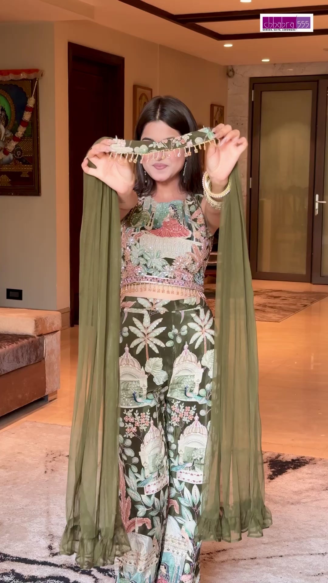 Silk Pichwai Printed & Embellished Co-ord Set with Dupatta in Olive Green