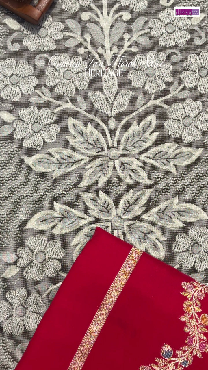 Banarasi Silk Saree with Floral Booti and Temple Border in Red
