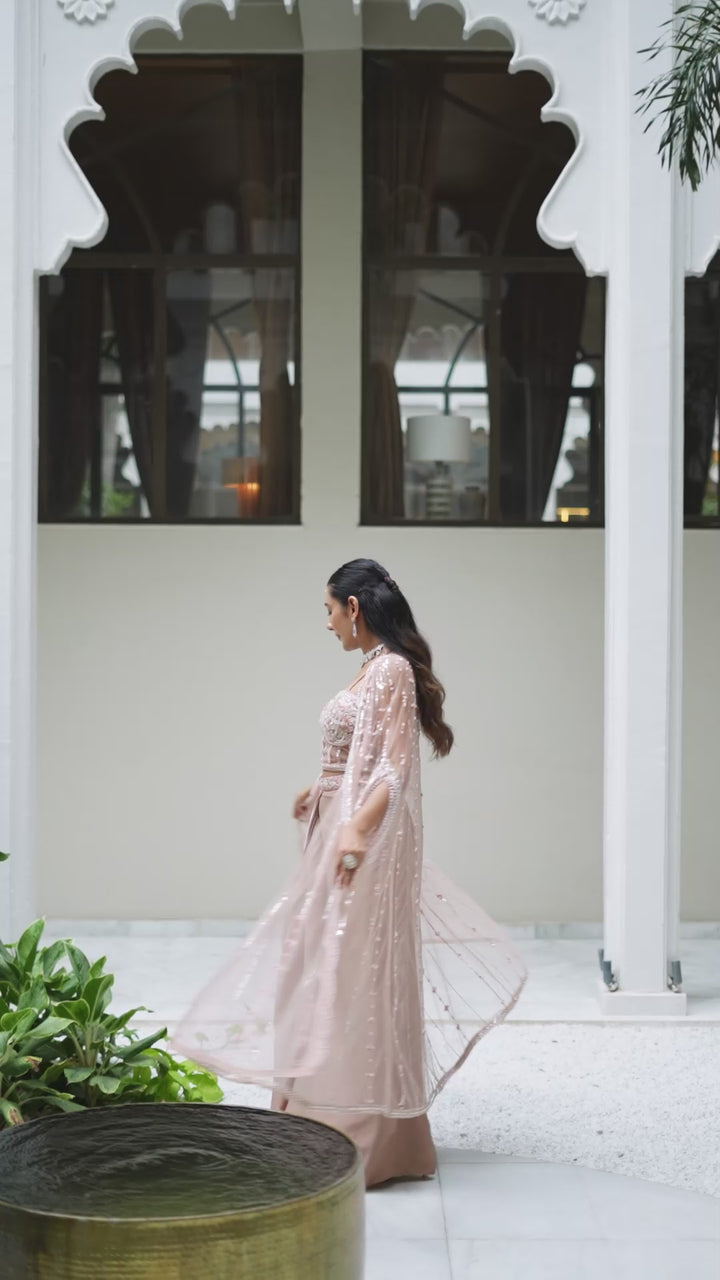 Peach Embroidered Cape Style Co-ord Set