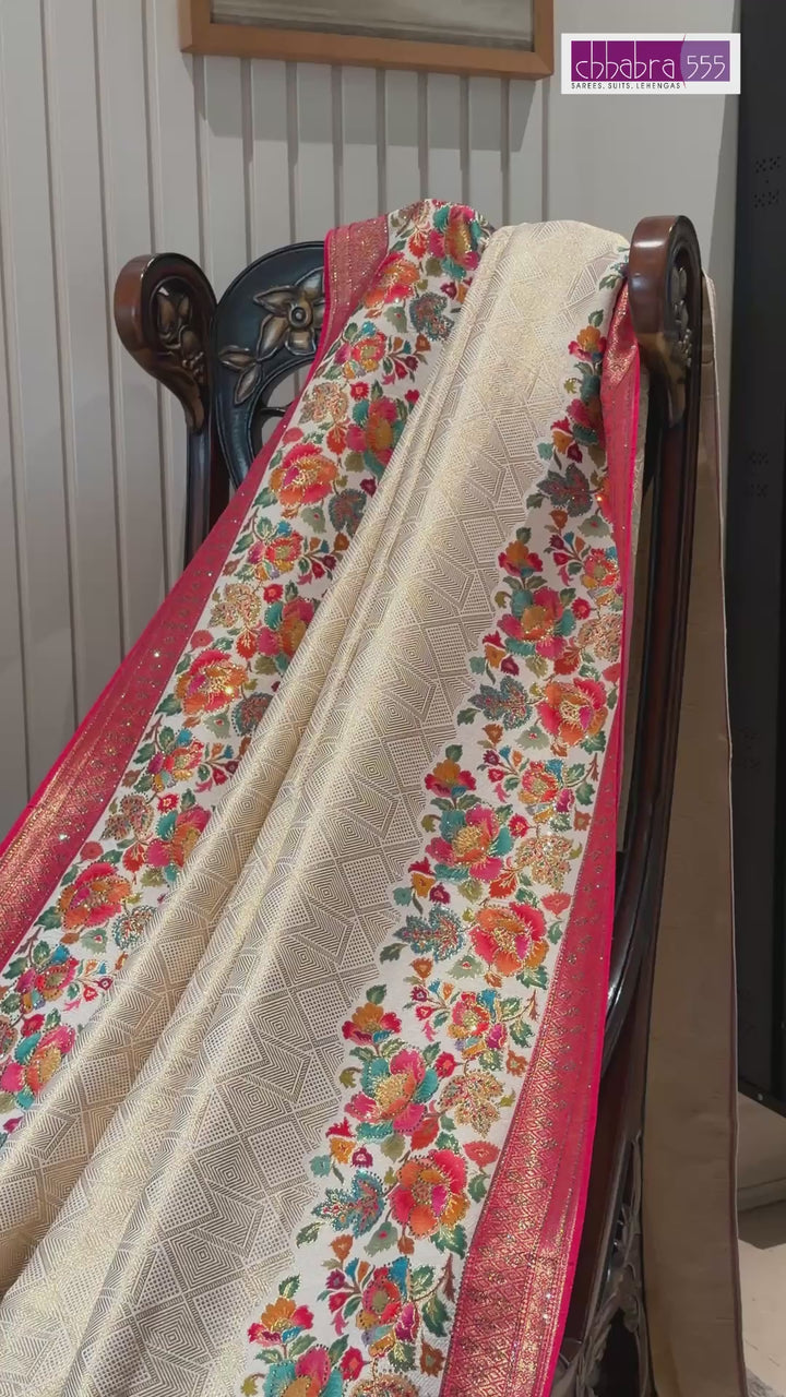 Cream Saree with Multicolour Floral Woven Panels, Red Zari Border & Tassel Pallu