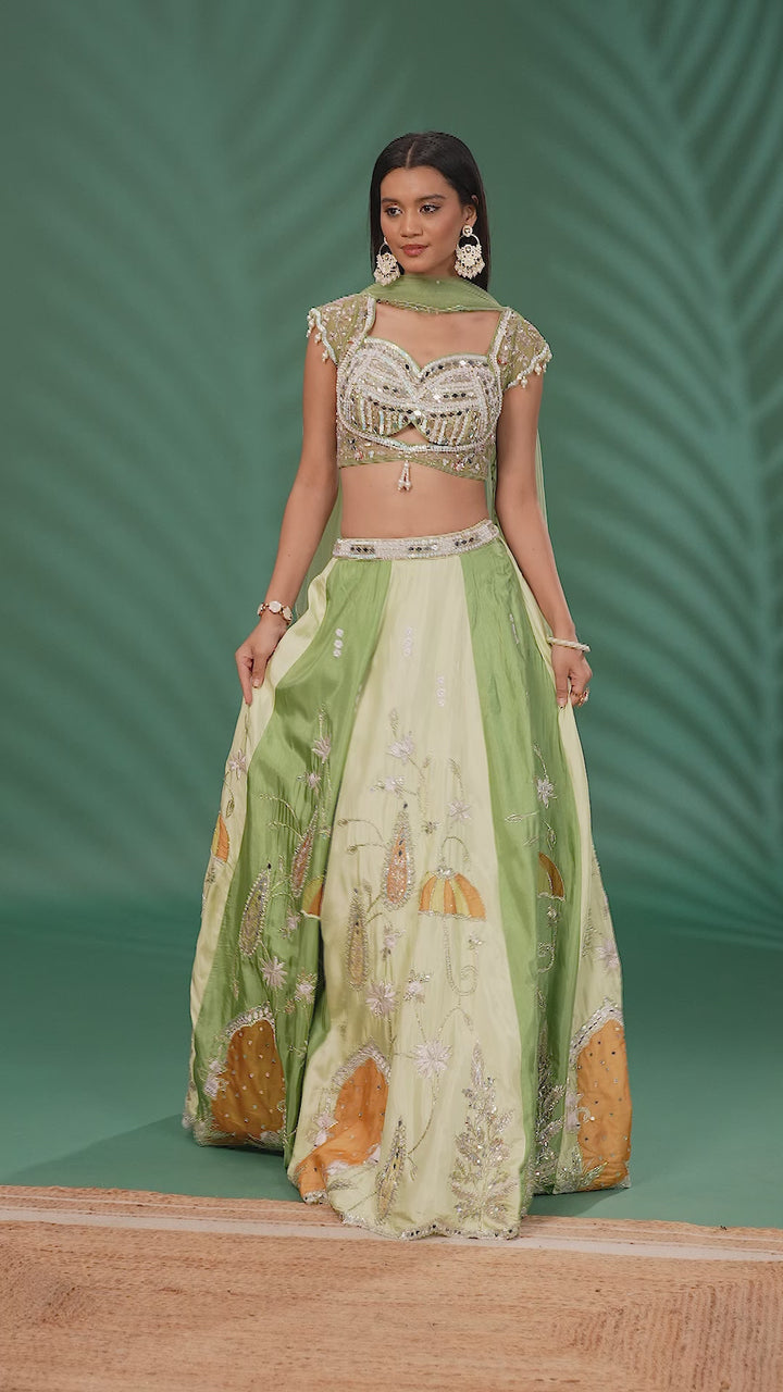 Silk Lehenga Choli Set with Mirror & Sequin Embroidery and Net Dupatta